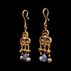 A Pair of Byzantine Gold Earrings with Garnet, Pearl and Chalcedony Elements
Height 3 1/2 inches. 