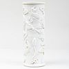 Chinese White Porcelain Cylindrical Glazed Vase Molded with Fish, Cranes and Lotus