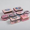 Group of Eight Staffordshire Enamel Pink Ground Snuff Boxes