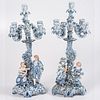 A Pair of German Blue and White Porcelain Four Light Candelabras 