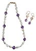 Gold Pearl and Amethyst Necklace and Earrings 