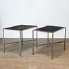 Pair steel & painted slate tables, ex Nina Griscom