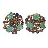 18K Gold Carved Emerald Sapphire Ruby Earrings