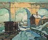Edwin H. Gunn (American, 1876-1940) Trainyard and Arched Bridge in Snow