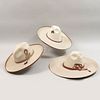 Lote de 3 sombreros de faena. México. Siglo XX. Elaborados en palma tejida. Decorados con toquilla.