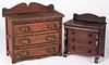 Two miniature pine and walnut chest of drawers