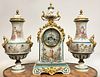 French Bronze & Sevres Hand Painted Porcelain Clock Set