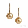 14kt Gold, Golden South Sea Pearl, and Diamond Earrings