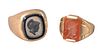 Two 10 Karat Gold Rings, one having stone cameo, 25 grams total weight.