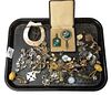 Tray Lot of Custom Jewelry and Assorted Items, to include enameled bottle and miniature mirror in fitted case, sterling rings, enameled clock, rhinest
