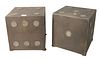 Pair of Steel Dice Form Brutalist End Tables, height 12 1/2 inches, width 12 1/4 inches, depth 12 inches.