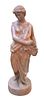 Terra Cotta Garden Statue, of a woman with a flower basket, height 46 1/2 inches, width 13 inches.