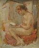 Maryse Ducaire-Rogue (French, 1911-1992), nude reading, oil on canvas (chips to face), signed lower left: M. Ducaire; 10 1/2" x 9".
