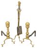 Pair of Federal Brass Andirons and Tools, with holder, circa 1820, height 21 inches.