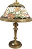 Attributed to Wilkinson Leaded Glass Table Lamp, having bell flower shape with white ground with flowers, resting on brass base having three sockets, 
