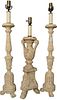 Three White Washed Carved Wood Prickets, made into table lamps, heights 30 and 35 inches.