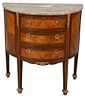 Louis XVI Style Demilune Commode, having marble top and bronze mounts, height 33 inches, width 32 inches, depth 17 inches.