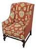 French Style Wing Chair having stretcher base, seat height 19 inches, width 28 inches.