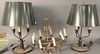 Three Piece Italian Tole Lot to include, pair of large Italian table Lamps, both having painted green tole shades and three lights; along with an Ital