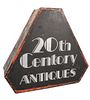 Vintage Triangular Metal Advertising or Storefront Sign, having black, white and red paint, inscribed '20th Century Antiques', height 21 1/2 inches, w