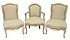 Three Piece Lot, to include pair of Louis XV style slipper chairs, newly upholstered; along with a child's size Louis XV style fauteuil, seat height 1
