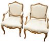 Pair of Louis XV Style Upholstered Chairs, height 35 inches, width 25 inches.