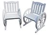 Pair of Wood Wagon Wheels Style Chairs, height 34 inches, width 24 inches.