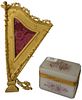 Two Piece Lot to include an opaline and brass mounted box, having painted floral and foliate decoration; along with a gilt bronze harp form frame, mar
