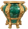 English Faux Malachite Gilt Decorated Jardiniere having lion form handles ending in paw feet, height 18 inches, diameter 15 1/2 inches.