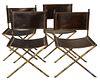 Set of Four Leather Chairs having faux brass metal frames, height 34 inches, width 23 inches.