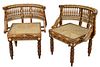 Pair of Moroccan Inlaid Chairs, having woven seats on turned legs with low backs, height 27 inches, width 24 inches, depth 18 inches.