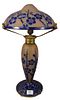 French Cameo Glass Table Lamp, having mushroom shade, with pink ground with blue apple blossoms, height 23 inches overall.