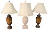 Group of Three Table Lamps, to include a pair of faux painted carved wood urn form lamps having metal bases; along with a marble table lamp, overall h