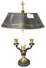 French Bouillotte Table Lamp, having gilt brass and three arms with adjustable tole shade, height 26 inches.