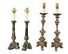 Two Pairs of Candlestick Lamps, embossed copper pricketts along with a pair of metal candlestick lamps, heights 25 and 23 inches.