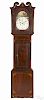 English mahogany tall case clock, early 19th c., the eight-day works with a brass face