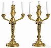Pair of French Empire gilt bronze three-light candelabra with flame finials, 21'' h., 11'' w.