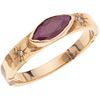 RING WITH RUBY AND DIAMONDS IN 14K YELLOW GOLD 1 Marquise cut ruby ~0.50 ct and 2 8x8 cut diamonds ~0.02 ct. Size: 8 ½
