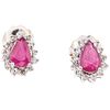 PAIR OF STUD EARRINGS WITH RUBIES AND DIAMONDS IN 14K WHITE GOLD 2 Pear cut rubies ~0.70 ct and 26 8x8 cut diamonds ~0.26 ct