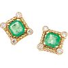 PAIR OF STUD EARRINGS WITH EMERALDS AND DIAMONDS IN 14K YELLOW GOLD 2 Octagonal cut emeralds and 8 Brilliant cut diamonds