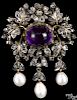Antique amethyst, diamond and pearl brooch, yellow gold and silver encrusted with rose cut diamonds