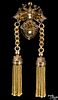 Victorian yellow gold and pearl watch pin with black line tracery, tassels, and three pearls