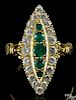 Gold, emerald, and diamond marquise head ring, marked 18K, with five central round cut emeralds