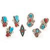 Seven Navajo Turquoise, Coral, Silver Rings