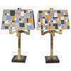 Mid-Century Modern Brass Lamps Style of Josef Hoffman Hand Painted Shades, Pair