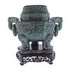 Carved Jade Sculpture Box With Wood Stand 