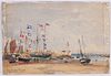 Gaston Roullet, Watercolor, Boats in a Harbor
