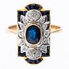 Art Deco Style 18K Gold, Diamond, and Sapphire Ring