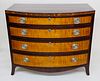 New England Federal Tiger Maple and Mahogany Bow Front Chest of Drawers, circa 1800