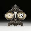 A VICTORIAN POLISHED CAST IRON DESKTOP BAROMETER, THERMOMETER, AND CLOCK STAND, LATE 19TH/EARLY 20TH CENTURY,
